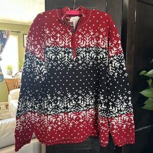 Tally Ho Sweater Women's L Red Black Fair Isle Mock Neck 1/4 Zip Ski Outdoor